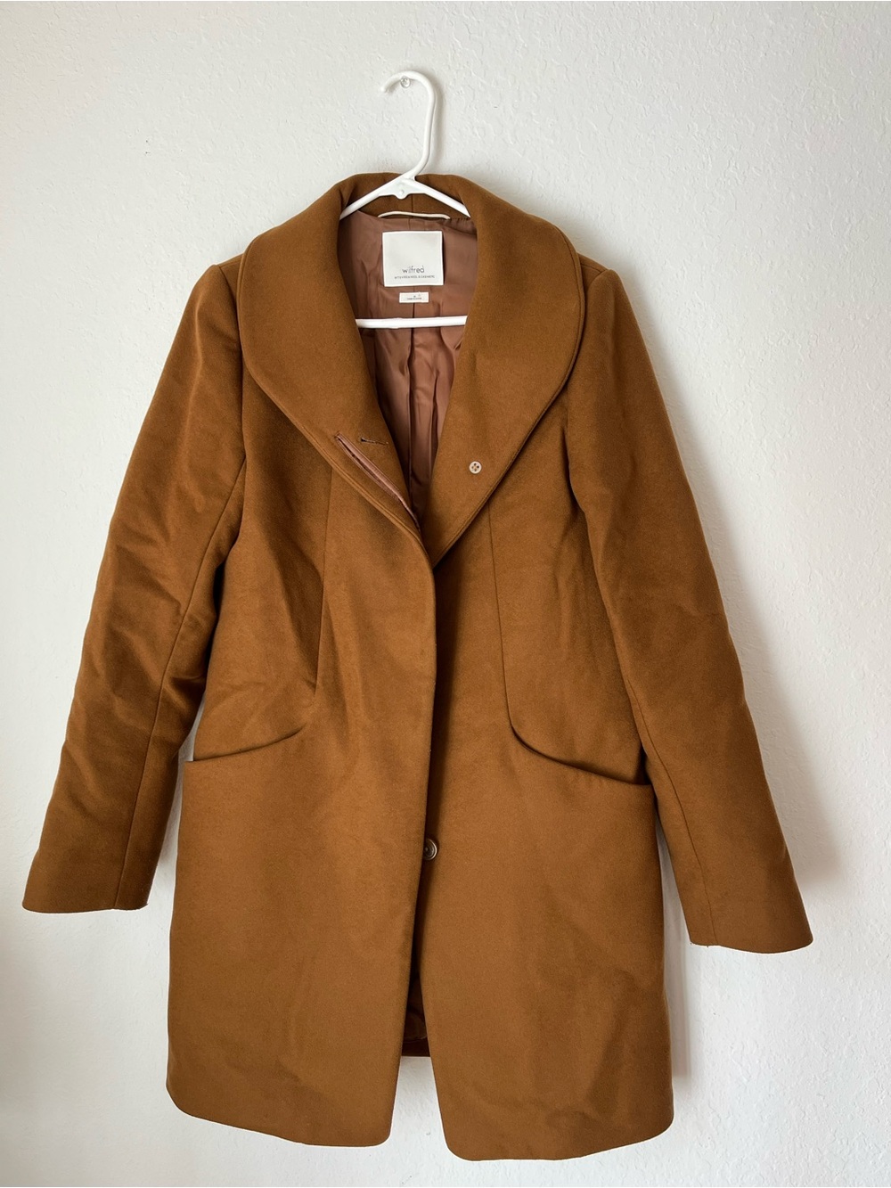 Aritzia Wilfred Cocoon Coat Womens Medium Cashmere Italian Wool Blend Camel